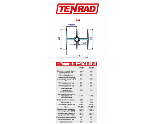 Биметаллический секционный радиатор отопления Tenrad BM 350х80 / 8 секций