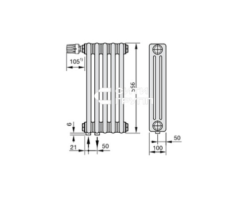 Стальной трубчатый радиатор отопления Zehnder 3057 6 секций, белый (RAL 9016), нижнее подключение