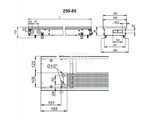 Внутрипольный конвектор с вентилятором Techno KVZV 250-85-1000