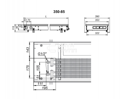 Внутрипольный конвектор с вентилятором Techno KVZV 350-85-1400