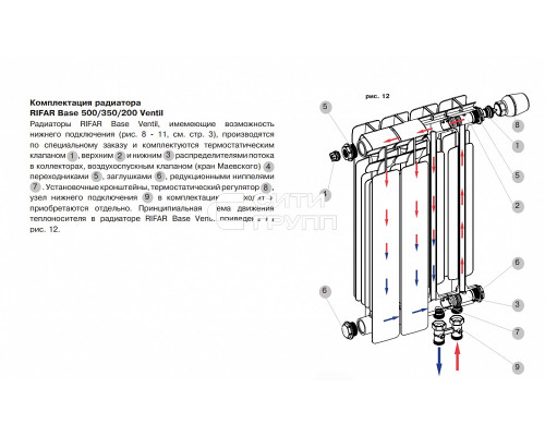 Биметаллический секционный радиатор отопления Rifar Base 200 / 5 секций