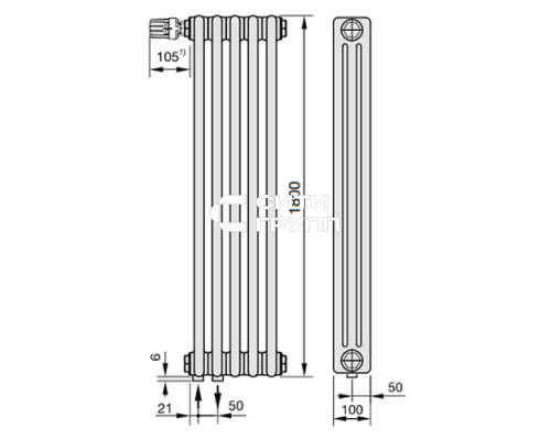 Стальной трубчатый радиатор отопления Zehnder 3180 6 секций, белый (RAL 9016), нижнее подключение
