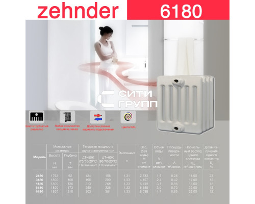 Стальной трубчатый радиатор отопления Zehnder 6180 / 1 секция