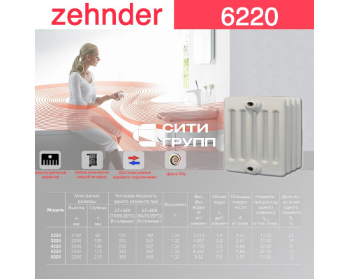 Стальной трубчатый радиатор отопления Zehnder 6220 / 1 секция