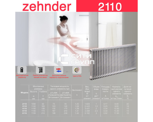 Стальной трубчатый радиатор отопления Zehnder 2110 / 1 секция