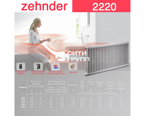 Стальной трубчатый радиатор отопления Zehnder 2220 / 1 секция