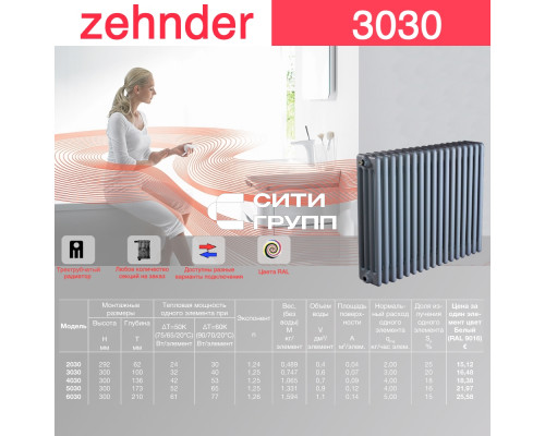 Стальной трубчатый радиатор отопления Zehnder 3030 / 1 секция