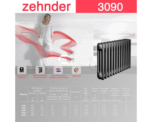 Стальной трубчатый радиатор отопления Zehnder 3090 / 1 секция