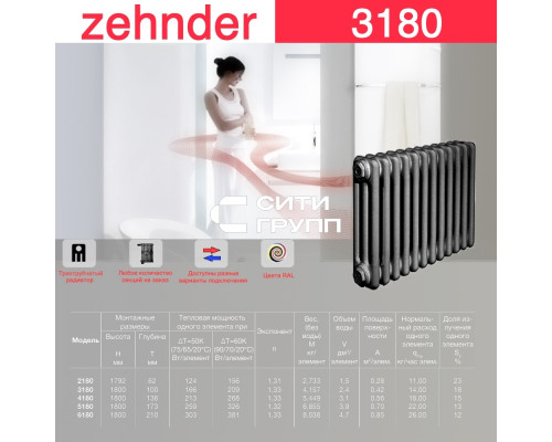 Стальной трубчатый радиатор отопления Zehnder 3180 / 1 секция