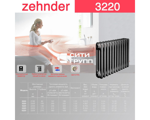 Стальной трубчатый радиатор отопления Zehnder 3220 / 1 секция