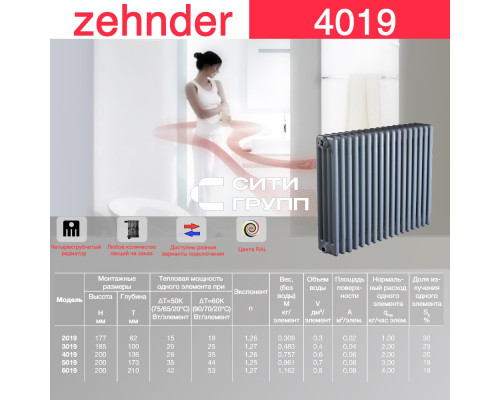 Стальной трубчатый радиатор отопления Zehnder 4019 / 1 секция