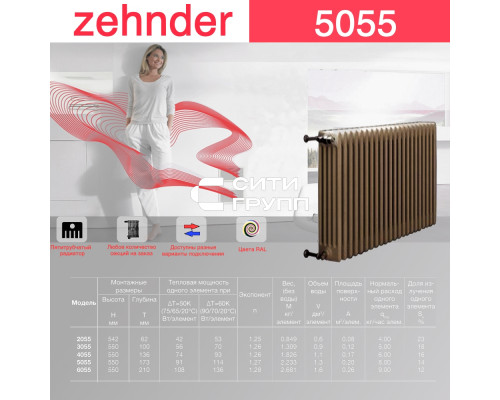 Стальной трубчатый радиатор отопления Zehnder 5055 / 1 секция