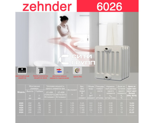 Стальной трубчатый радиатор отопления Zehnder 6026 / 1 секция