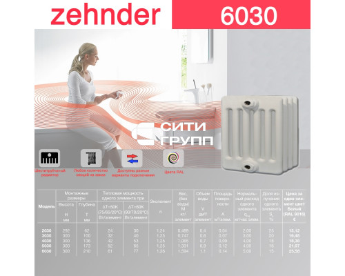 Стальной трубчатый радиатор отопления Zehnder 6030 / 1 секция